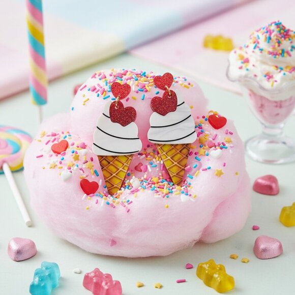 🆕️ Adorable Ice Cream Cone Drop Earrings with Glitter Hearts Fun & Trendy - Picture 11 of 16